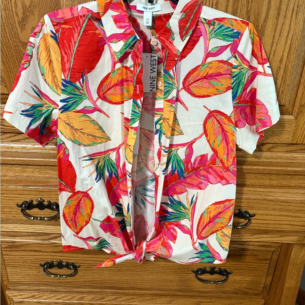 Nine West Colorful Leaf Print Tie-Front Blouse